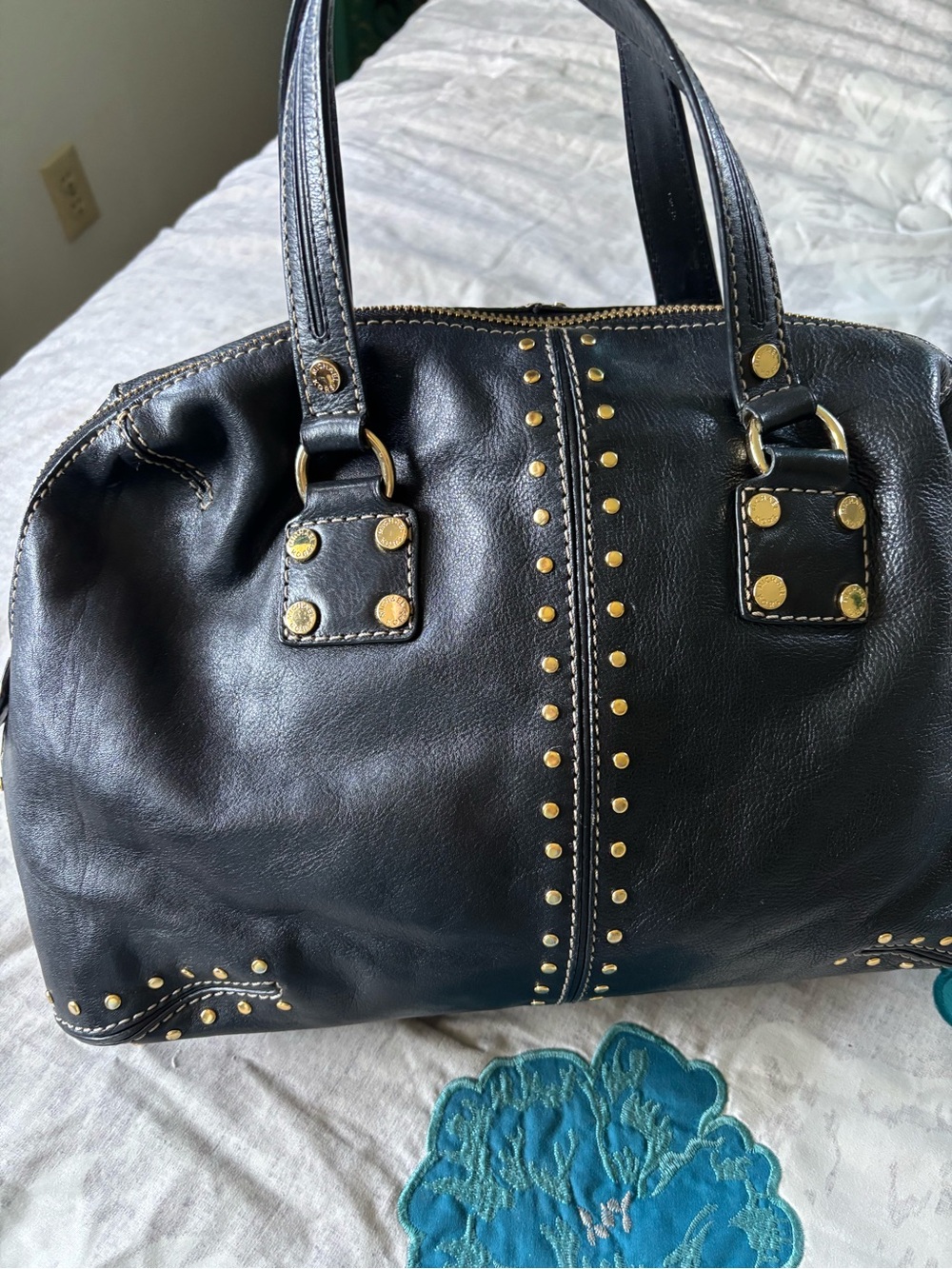 Michael Kors Black Leather Studded Satchel with Gold Hardware